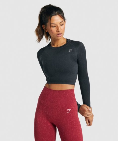 Gymshark Adapt Fleck Seamless Long Sleeve Beskurna Toppar Dam Svarta | SE-78219P