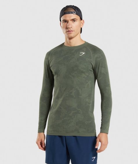 Gymshark Geo Seamless Long Sleeve T-shirt Herr Olivgröna | SE-05371Y