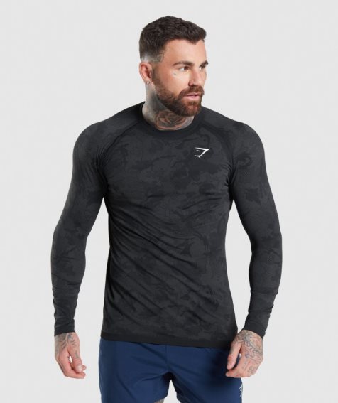 Gymshark Geo Seamless Long Sleeve T-shirt Herr Svarta | SE-68574X