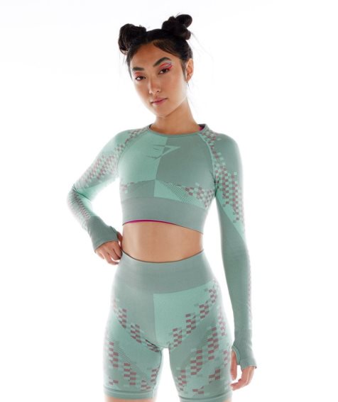 Gymshark Wtflex Cyborg Seamless Long Sleeve Beskurna Toppar Dam Gröna | SE-09382U