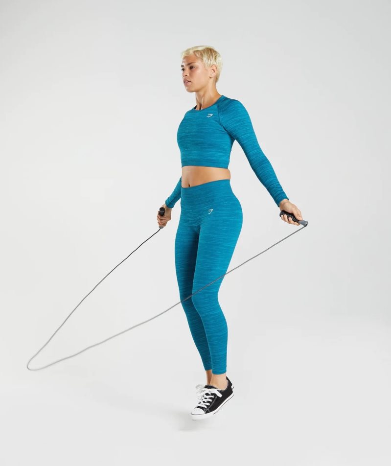 Gymshark Adapt Marl Seamless Long Sleeve Beskurna Toppar Dam Turkos | SE-61507X