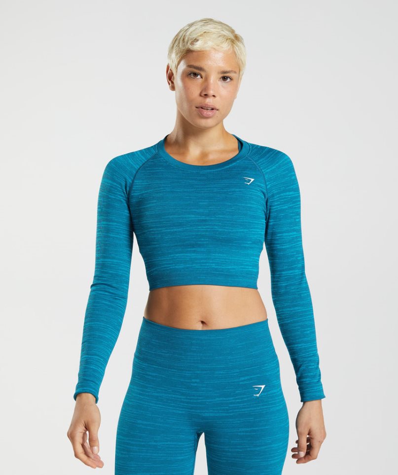 Gymshark Adapt Marl Seamless Long Sleeve Beskurna Toppar Dam Turkos | SE-61507X