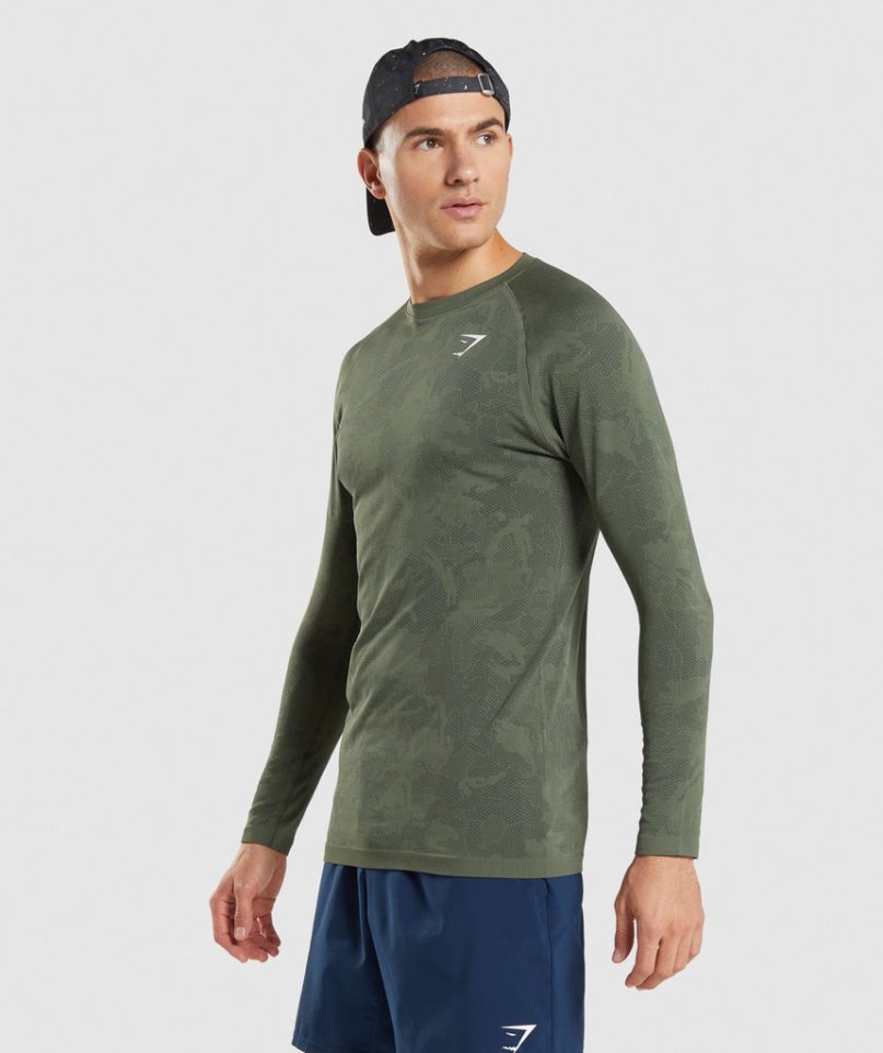 Gymshark Geo Seamless Long Sleeve T-shirt Herr Olivgröna | SE-05371Y