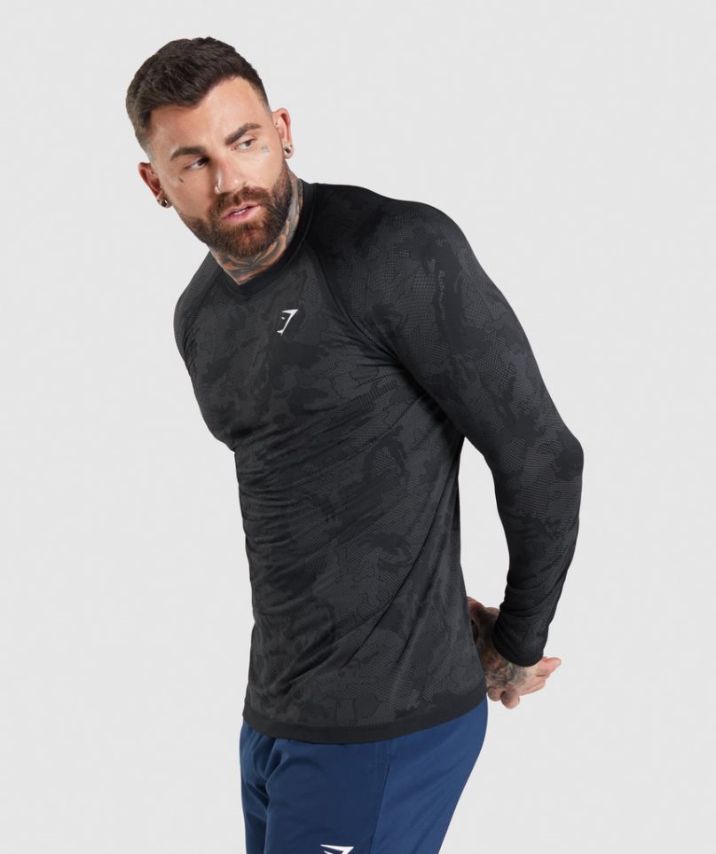 Gymshark Geo Seamless Long Sleeve T-shirt Herr Svarta | SE-68574X