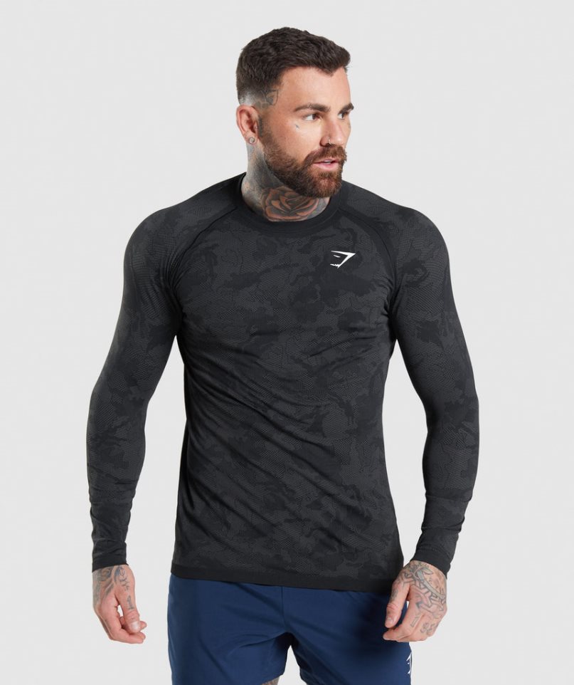 Gymshark Geo Seamless Long Sleeve T-shirt Herr Svarta | SE-68574X