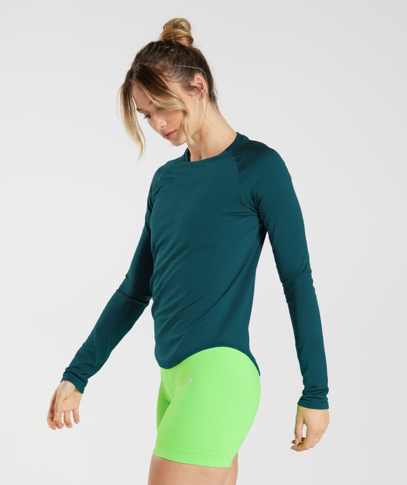 Gymshark Sweat Seamless Long Sleeve Top T-shirt Dam Turkos | SE-82974G