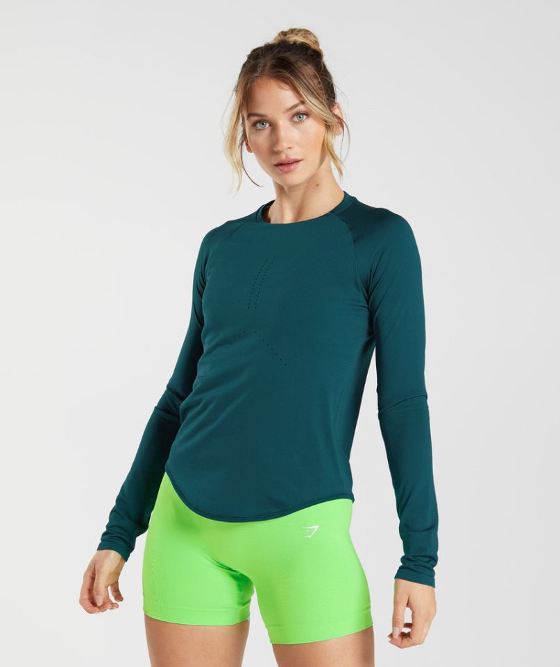 Gymshark Sweat Seamless Long Sleeve Top T-shirt Dam Turkos | SE-82974G