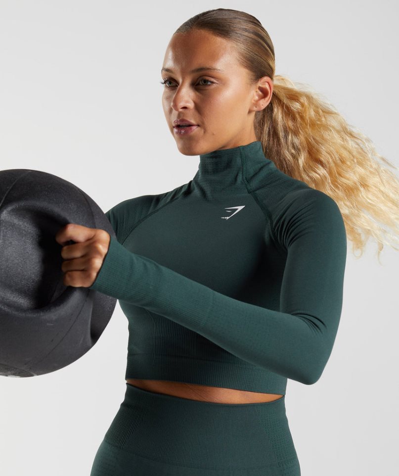 Gymshark Vital Seamless 2.0 High Neck Midi Beskurna Toppar Dam Mörkgröna | SE-10675P