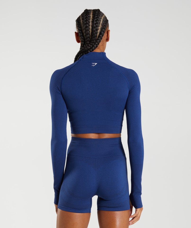 Gymshark Vital Seamless 2.0 High Neck Midi Beskurna Toppar Dam Blå | SE-28376L