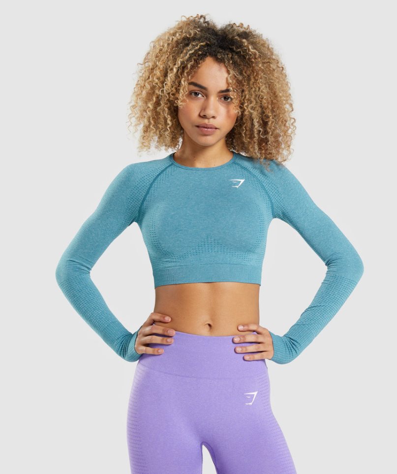 Gymshark Vital Seamless 2.0 Long Sleeve Beskurna Toppar Dam Turkos | SE-40571Z