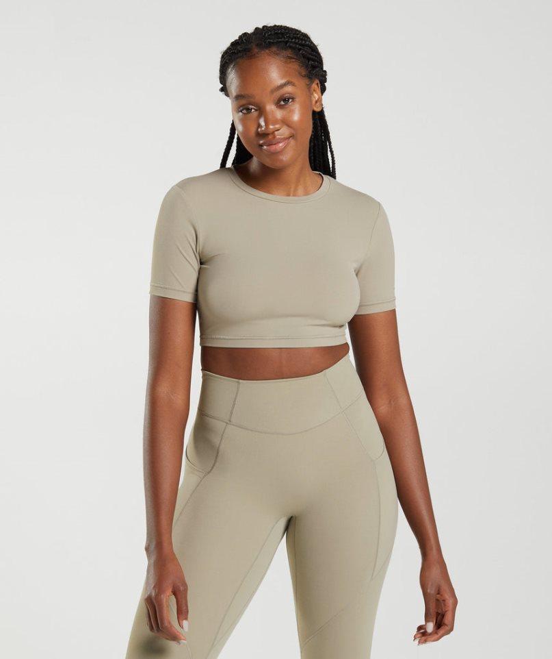 Gymshark Whitney Korta Sleeve Beskurna Toppar Dam Khaki | SE-85967M